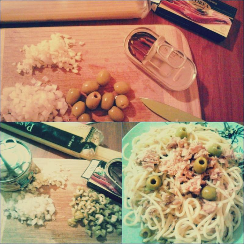 Spaghetti z anchovies, zielonymi oliwkami oraz tuńczykiem